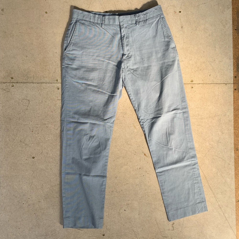 J Crew Mens Slim Cropped Tailored Cotton Pants in Mini-Pinstripe Blue Size 32/29